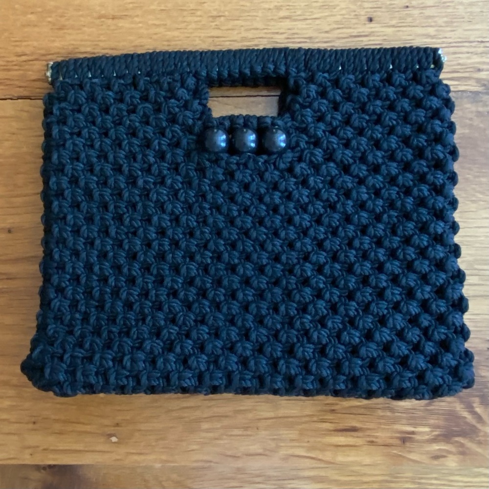 Macramé Envelope Clutch Top Handle Boho Bag in Black